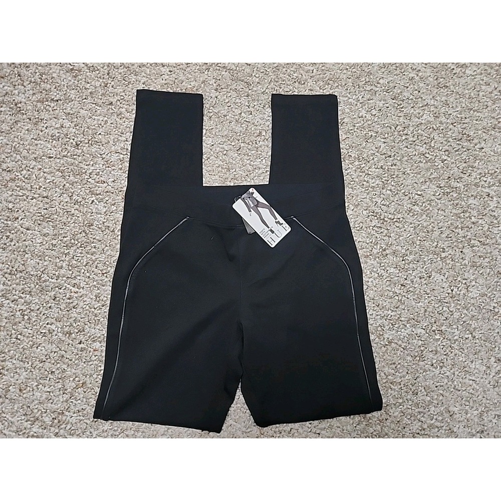 HUE Womens Black Ponte Leggings with Leatherette Piping Size S New U14342